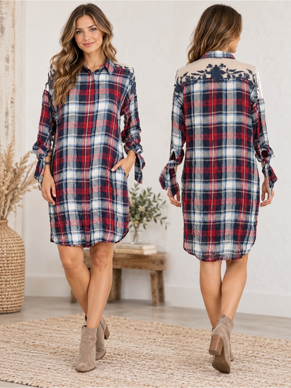 Dex Plaid Shirt Dress Women’s XS NWT Embroidered Lace Boho Fall